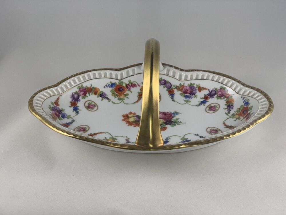 Vintage Schumann Rheinland Floral Handled Bowl With Dresen Flowers